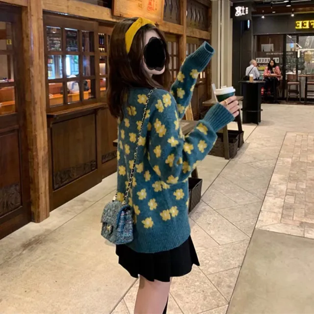 Women's Loose fitting V neck Top Sweater Blue Green - Shop at LoveMi