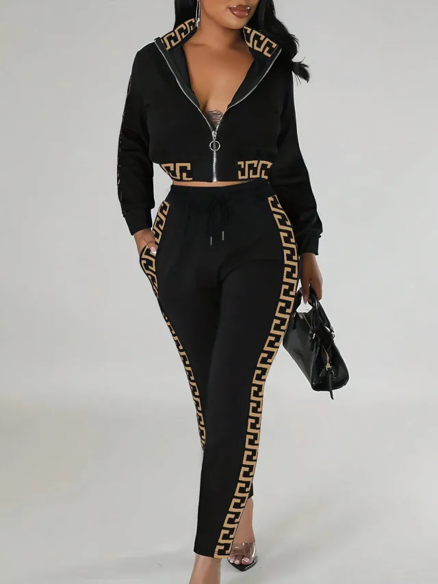 Crop top Zip up Top Paired With Meander pattern Patchwork Pants A Two piece Set Red - Shop at LoveMi