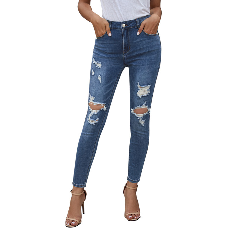 European American Summer New Casual Worn High Waist Cropped Pants Ripped Jeans Dark Blue - Shop at LoveMi