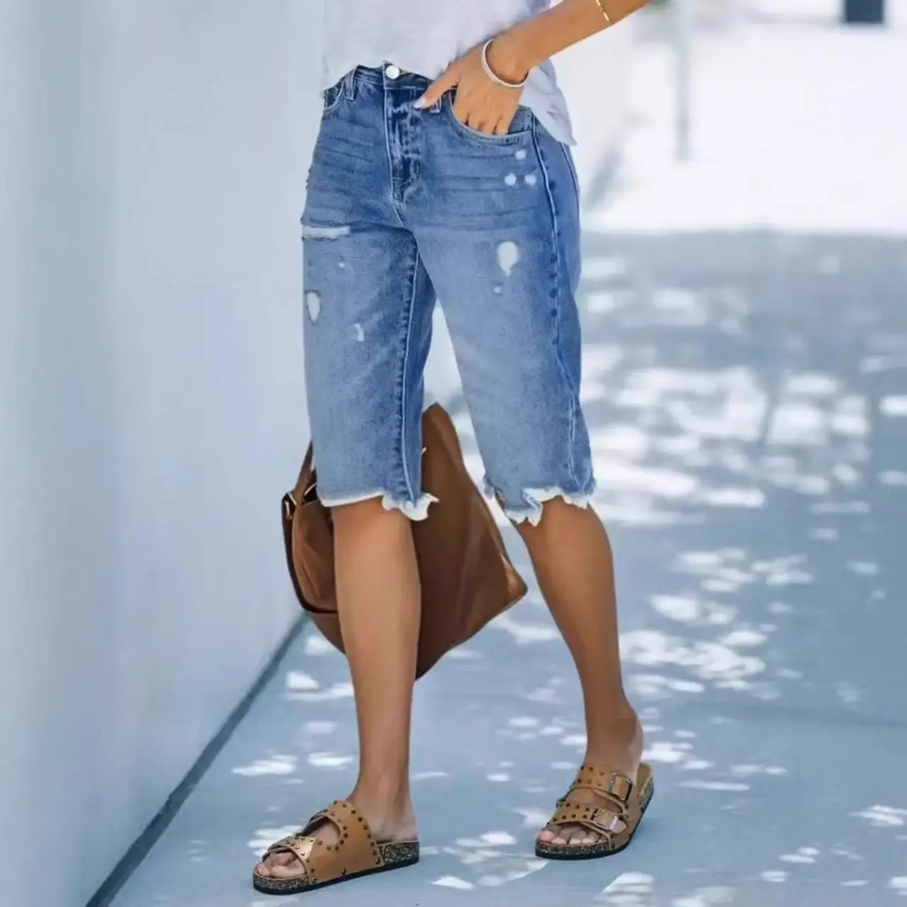 Casual Mid-Length Ripped Denim Shorts
