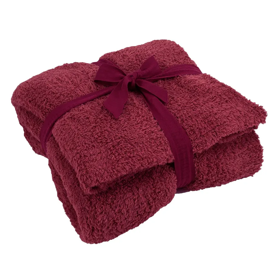 Half Velvet Sofa Knitted Jacquard Solid Color Furniture Blanket - Wine Red
