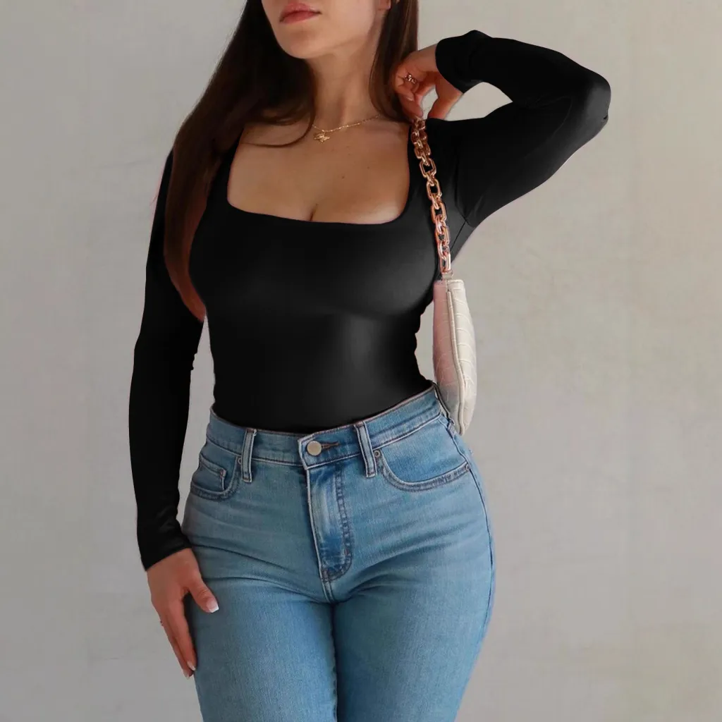 Sexy Solid-colour Long-sleeve Top T-shirt For Women - Black