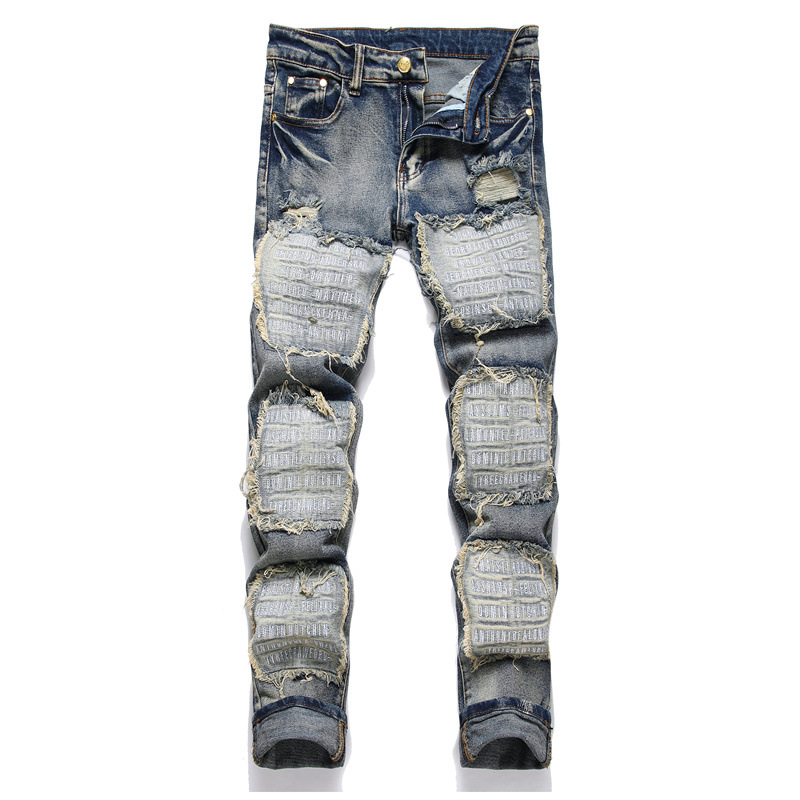 Jeans Uomo Patch Retro Blu Slim Fit Comodo e Traspirante - Foto 5 di 5