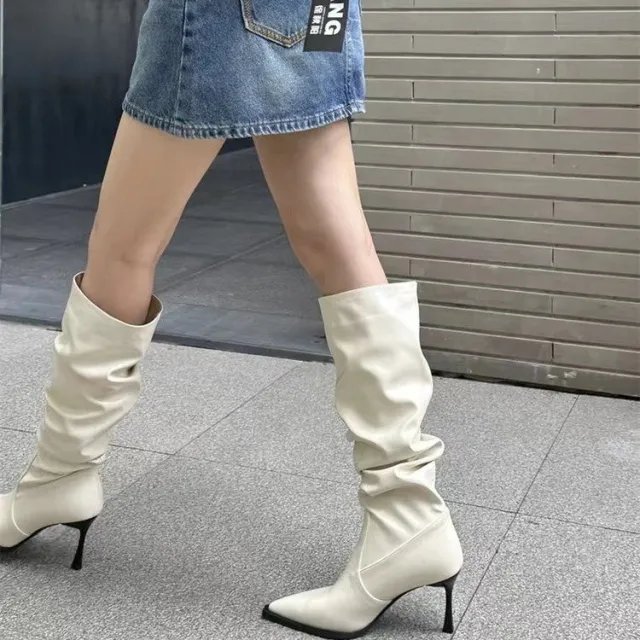 European And American Pointed Pleated High Boots Beige - Shop at LoveMi