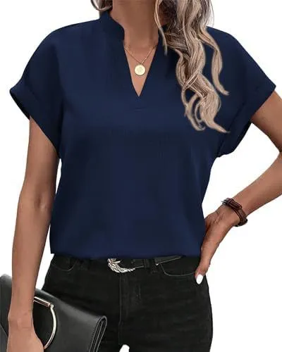 Summer Simplicity Fashion V neck Short Sleeve Linen Shirt For Women Navy Blue - Shop at LoveMi