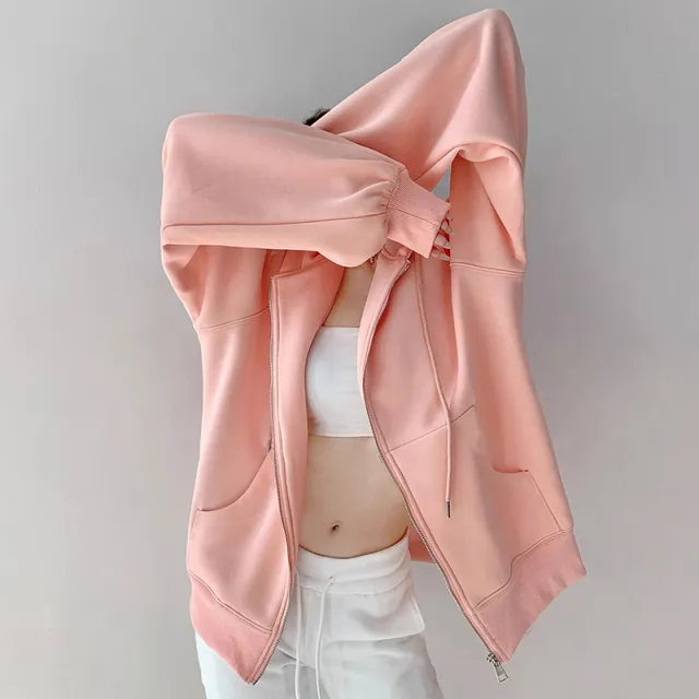 Women's Hooded Cardigan Loose fitting Casual Pullover Coat Pink - Shop at LoveMi