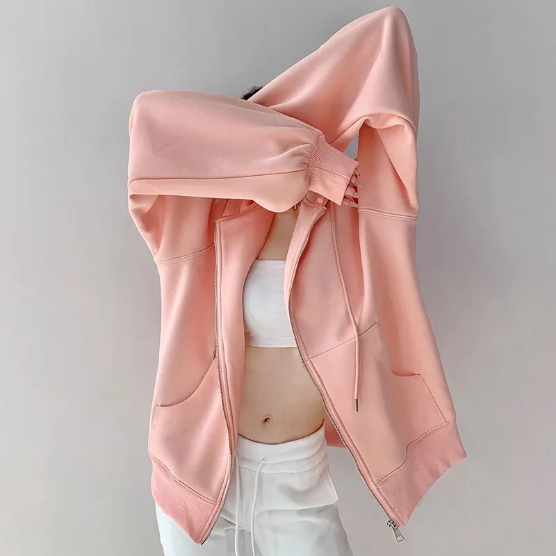 Women's Hooded Cardigan Loose-fitting Casual Pullover Coat - Pink
