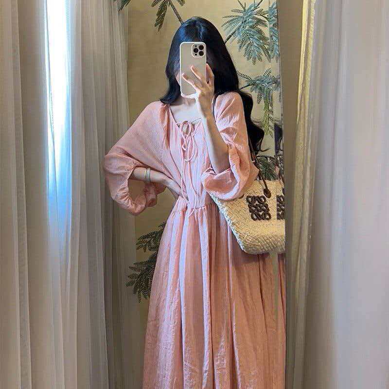 Artistic-style Solid-color V-neck Loose-fit Short-sleeve Cotton-linen Midi Dress