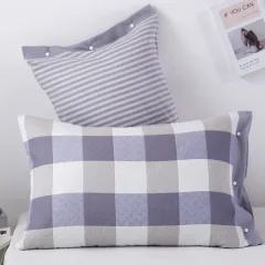 Three-layer Gauze Cotton Pillowcase European Style - Plaid Light Purple - View 1