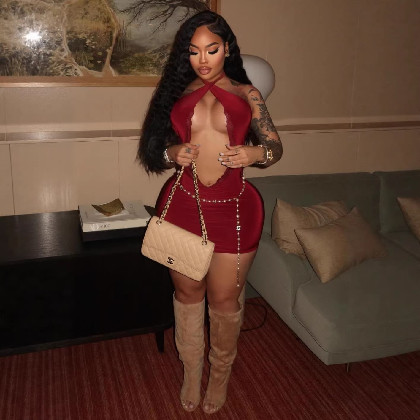 Womens Lace-Trimmed Hollow-Out Halter Bodycon Sheath Dress