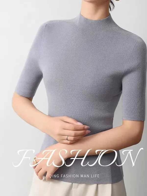 Half Turtleneck Bottoming Top High grade Half Sleeve Sweater Gray Like Agate - Shop at LoveMi