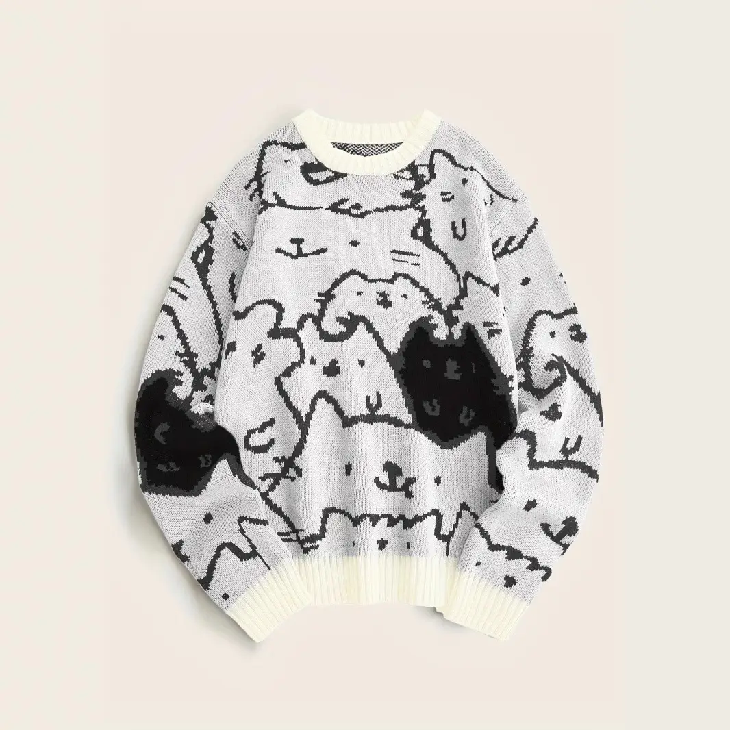 Cat Contrast Color Loose-fitting Casual Round-neck Knitted Sweater