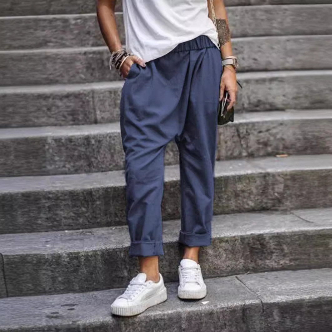 Solid Color Casual Elastic High Waist Harem Trousers