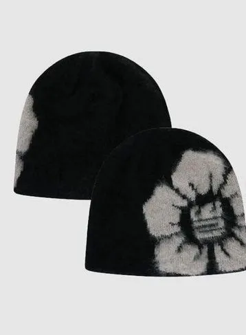 European And American Flowers Warm Knitted Hat Autumn And Winter Jacquard Sleeve Cap Black - Shop at LoveMi
