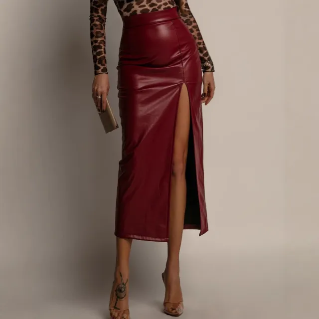 High waisted Figure flattering Solid color Leather Pencil Skirt Red - Shop at LoveMi