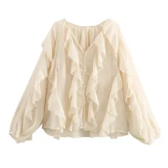 Women's Laminated Fashion V-neck Long Sleeve Shirt - Beige - View 1