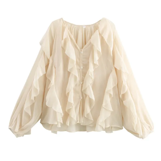 Women's Laminated Fashion V neck Long Sleeve Shirt Beige - Shop at LoveMi