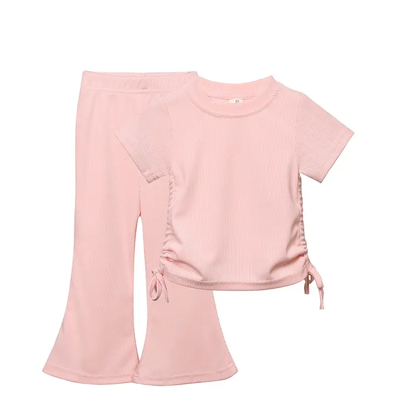 Fashion Solid Color Short Sleeve Round Neck Top Casual Flared Pants Suit