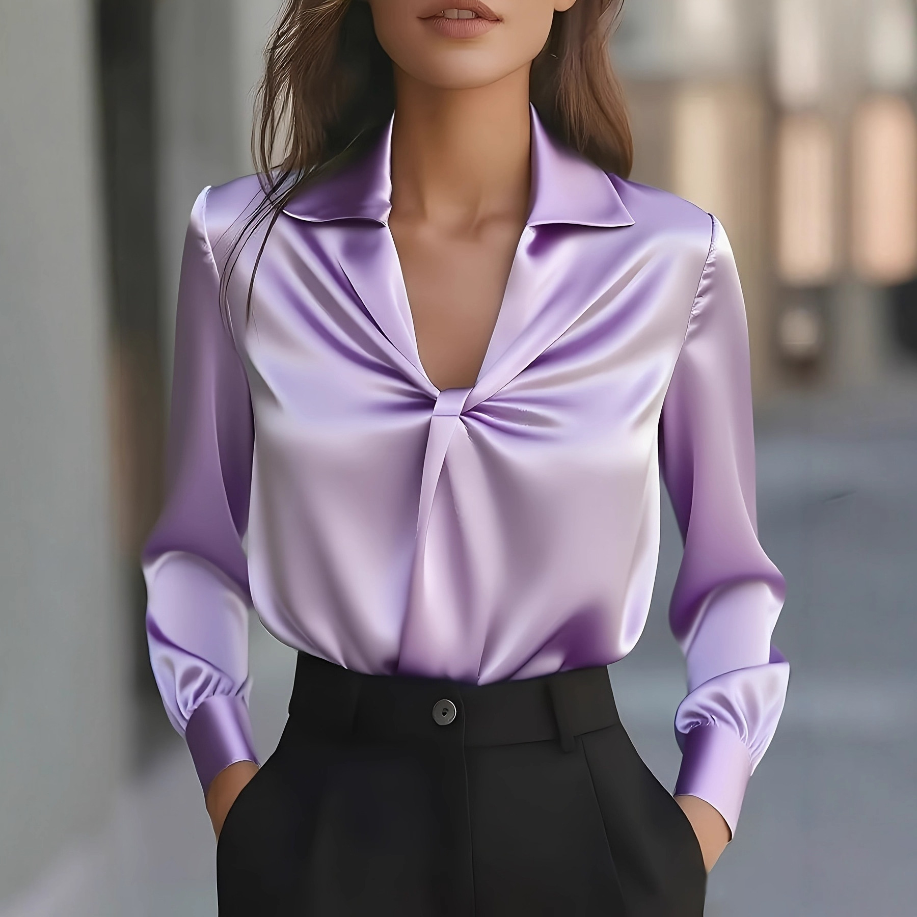 Autumn Fashion Temperament Solid Color Satin Pleated Long Sleeve Shirt Women - Image 5