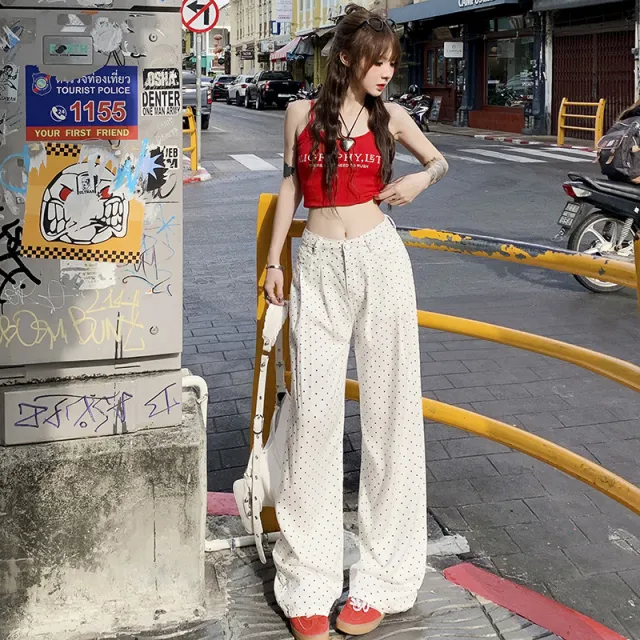 White Polka Dot Lyocell Jeans Female Pleated Design Baggy Straight Trousers White - Shop at LoveMi