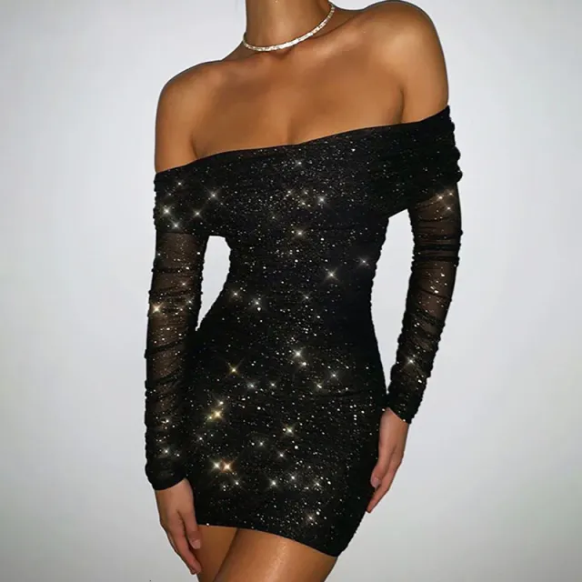 One shoulder Pleated Mermaid Evening Dress Short Skirt Long Sleeve Dress Black - Shop at LoveMi