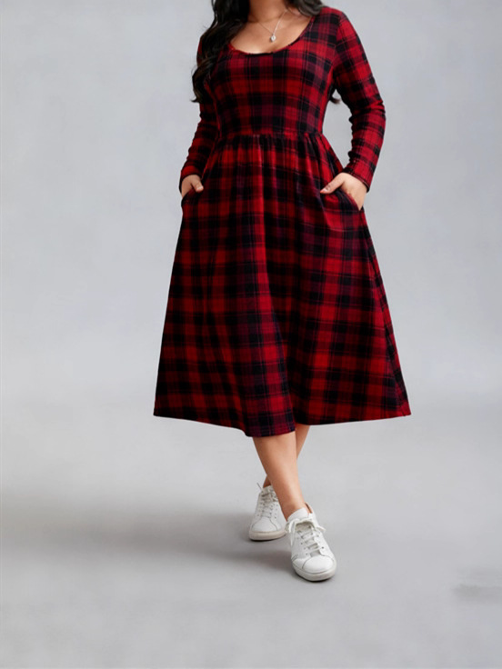 Loose Casual Pleated Plaid Round Neck Pocket Women's Dress Red - Shop at LoveMi