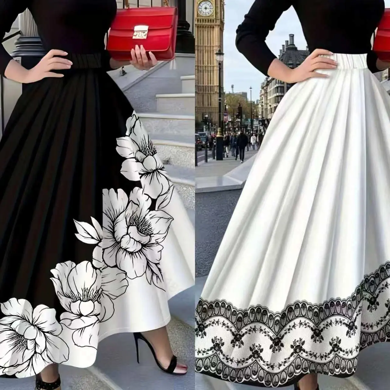 Hepburn-style High-waisted Full-skirted Midi Skirt
