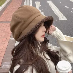Beret Women's Autumn And Winter Big Head Circumference Fleece-lined Warm Pile Heap Cap Bucket Hat - Brown - View 1