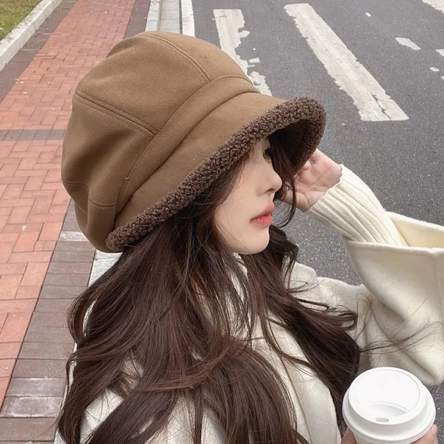 Beret Women's Autumn And Winter Big Head Circumference Fleece lined Warm Pile Heap Cap Bucket Hat Brown - Shop at LoveMi