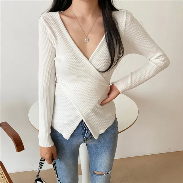 Women's Cross V neck Long sleeved T shirt Inner Bottoming Sweater White - Shop at LoveMi