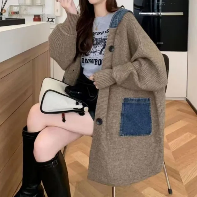 Mid Length Loose Fit Denim Patchwork Knit Cardigan Khaki - Shop at LoveMi