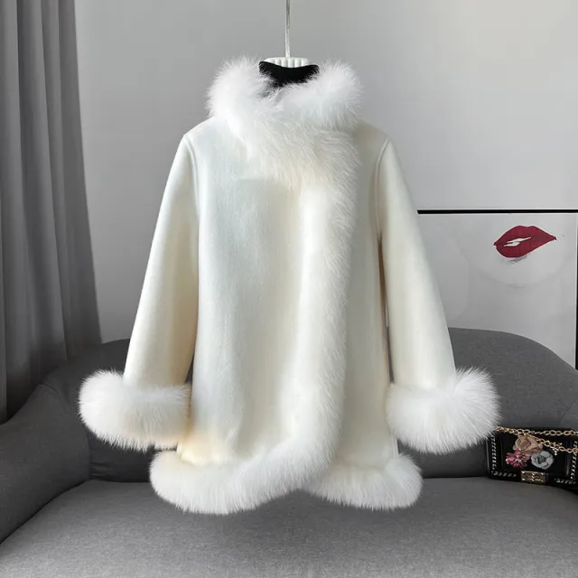Socialite Cloak Fur Jacket Women's Reversible Woolen Coat Mid length Young Beige - Shop at LoveMi