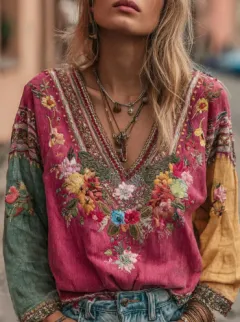Women's Casual Vintage Bohemian V-neck Top With Ethnic-style Long Sleeves - Rose Red - View 1