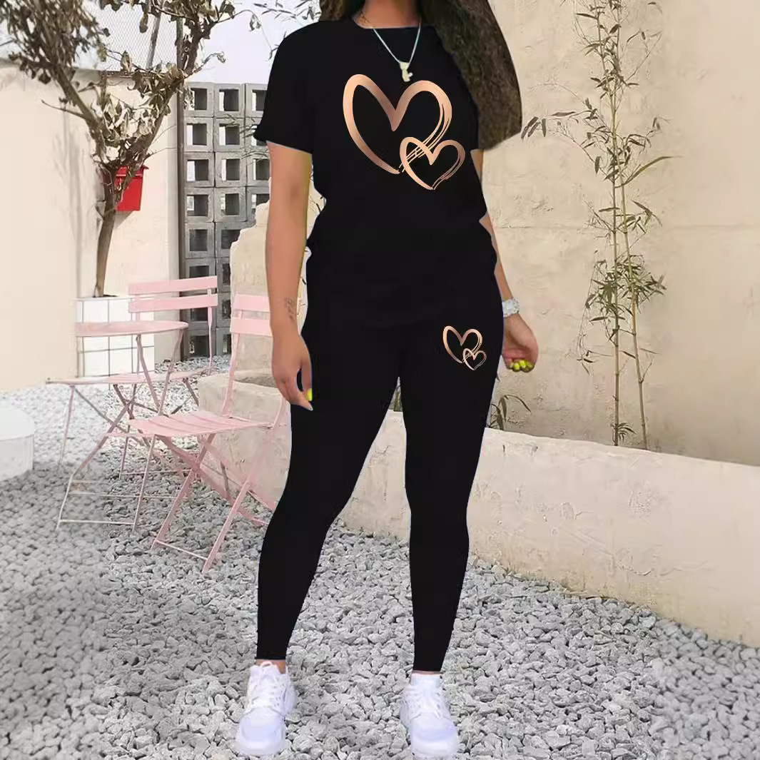Women's Fashion Gradient Gold Mind Act Upon Mind Heart Printing Casual Suit Short Sleeve T shirt Black - Shop at LoveMi