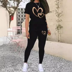 Women's Fashion Gradient Gold Mind Act Upon Mind Heart Printing Casual Suit Short Sleeve T-shirt - Black - View 1