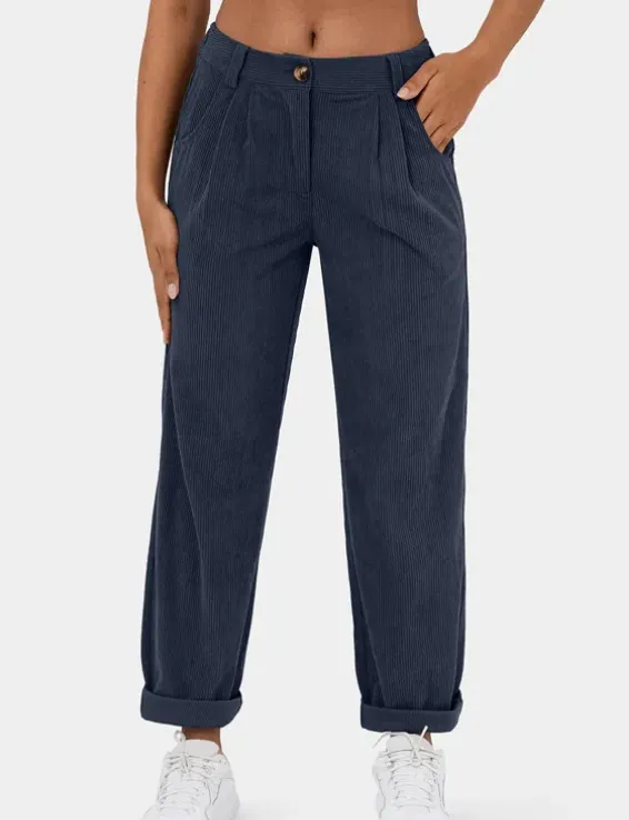 Women's High Waist Casual Pants Solid Color Loose Straight Trousers - Dark Blue