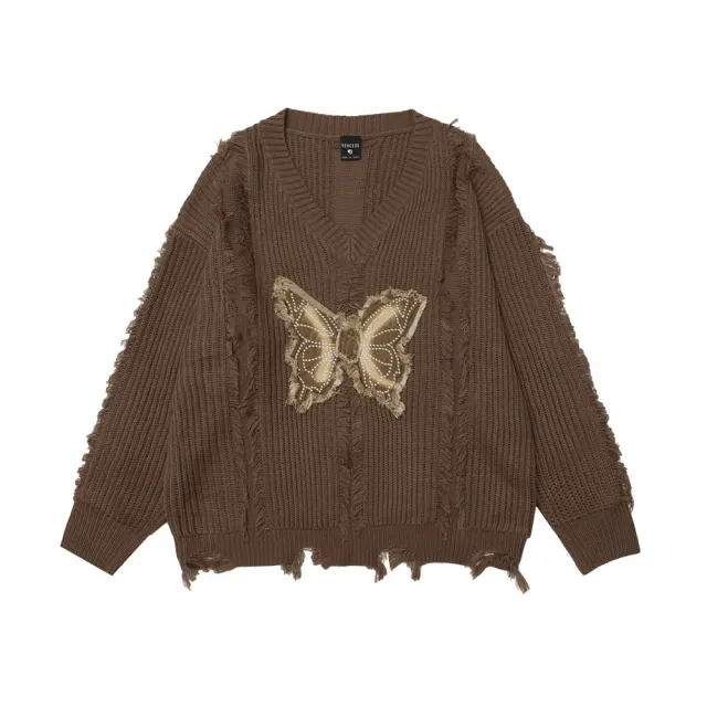 Butterfly Destroyed Frayed Knitted Worn Design V neck Sweater Brown - Shop at LoveMi