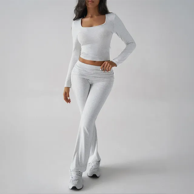 Casual Knitted Long sleeved Top Yoga Top Pants Gray - Shop at LoveMi