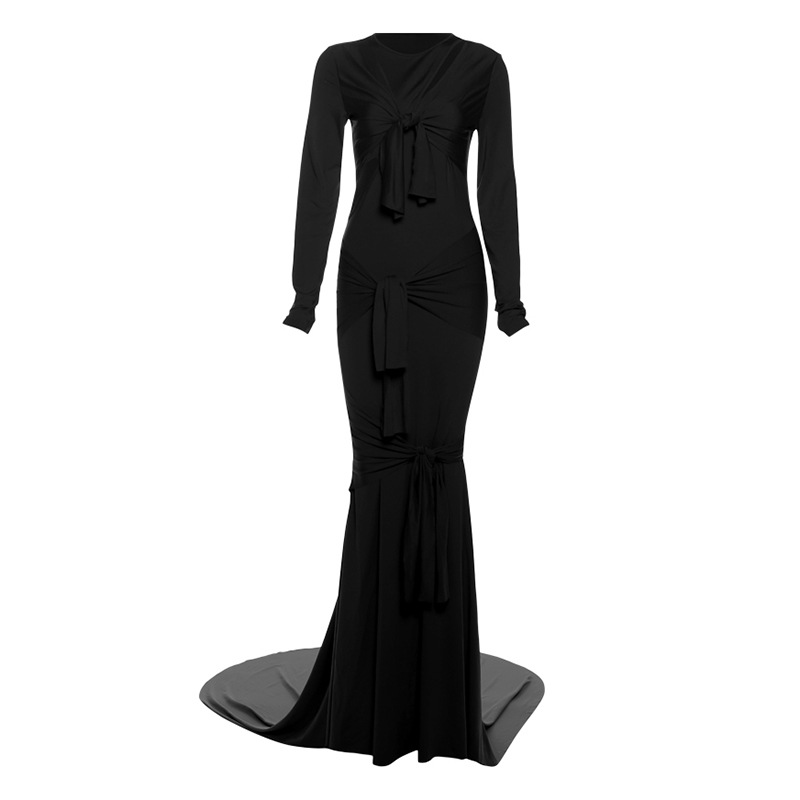 Sexy Figure hugging Sheer Long sleeve Solid color Elegant Gown Dress Black - Shop at LoveMi