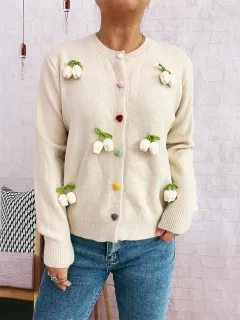 Three-dimensional Decoration Flower Cute Style Knit Casual Valentine's Day Sweater - Light Khaki - View 1