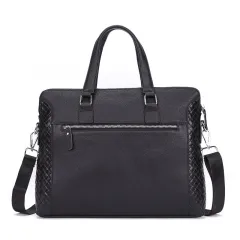 Men's Briefcase Genuine Leather 14-inch Laptop Bag Horizontal Cowhide Business Office Bag - Black - View 1