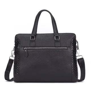 Men's Briefcase Genuine Leather 14-inch Laptop Bag Horizontal Cowhide Business Office Bag - Black