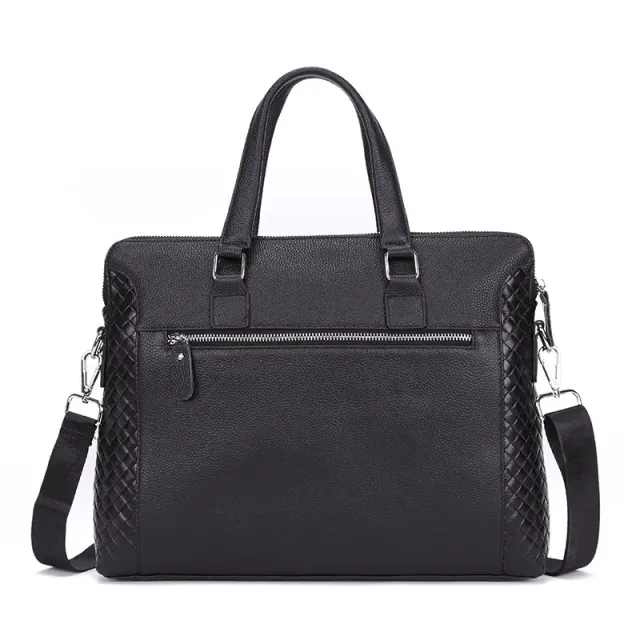 Men's Briefcase Genuine Leather 14 inch Laptop Bag Horizontal Cowhide Business Office Bag Black - Shop at LoveMi
