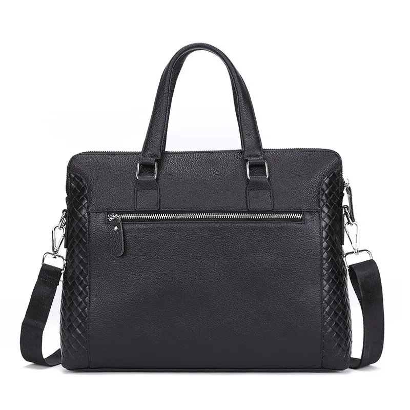 Men's Briefcase Genuine Leather 14-inch Laptop Bag Horizontal Cowhide Business Office Bag - Black