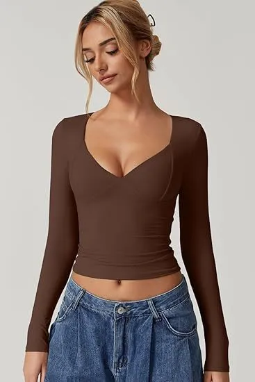 Women's Long Sleeve V neck Midriff baring Top T shirt Brown - Shop at LoveMi