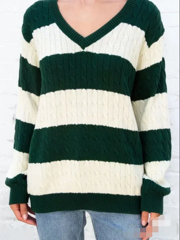 European And American Striped Cable knit Sweater V neck Loose Sweater For Women Green - Shop at LoveMi