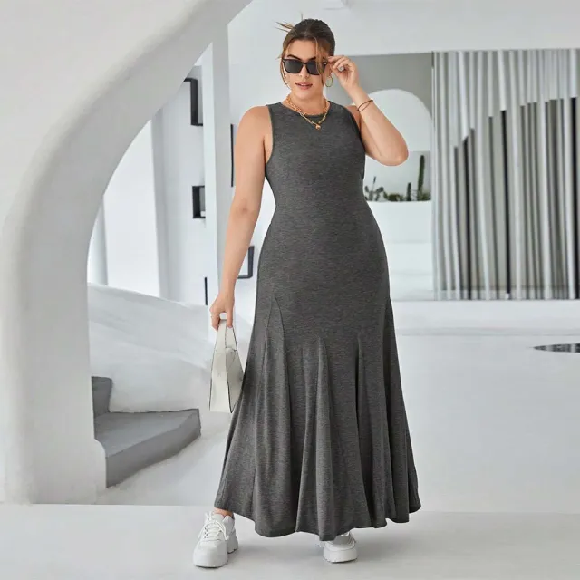 Sleeveless Dress Summer New High Waist Slim Fit Long Dress Gray - Shop at LoveMi
