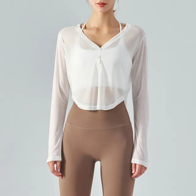 Loose V neck Yoga Blouse Long Sleeve T shirt Casual Draping Effect White - Shop at LoveMi