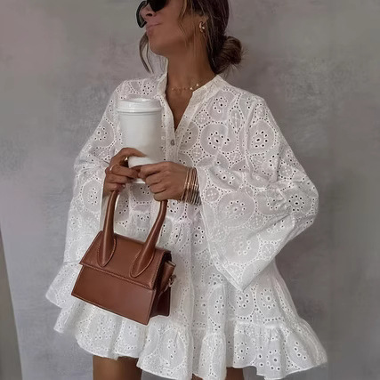 Womens Loose V-Neck Hollow-Out Lace Floral Dress