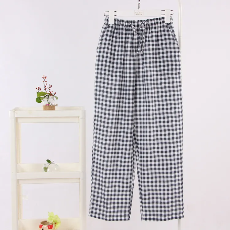 Simple Home Wear Pajama Double-layer Gauze Plus Size Confinement Pants - Navy Plaid